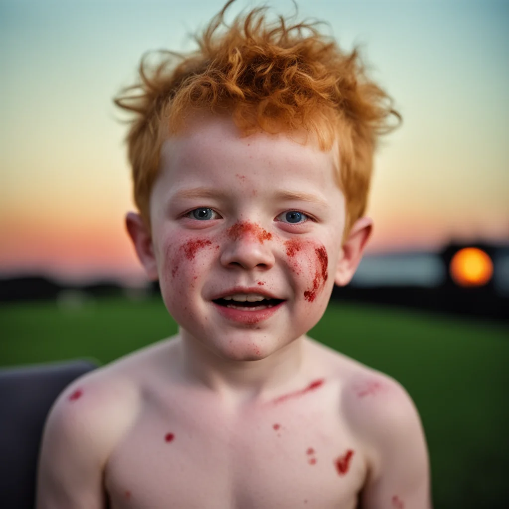 portrait bruised ginger kid dark contusions abrasions happy cuts black eyemedicated abuse ecchymosis  night sunset in th