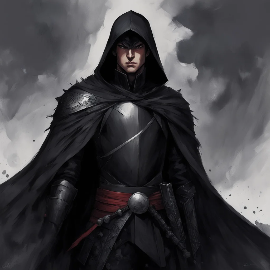 portrait of Heroic Berserk Black Swordsman in black armor and cloak dirty dark by harumi hironaka and charlie bowater an