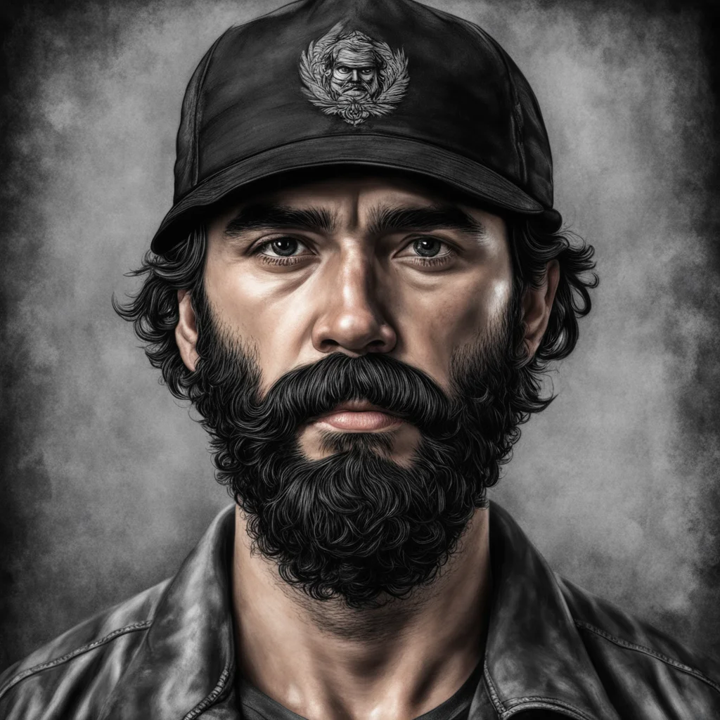 portrait of a bearded man black hair dark eyes trucker hat detailed gritty symetrical composition