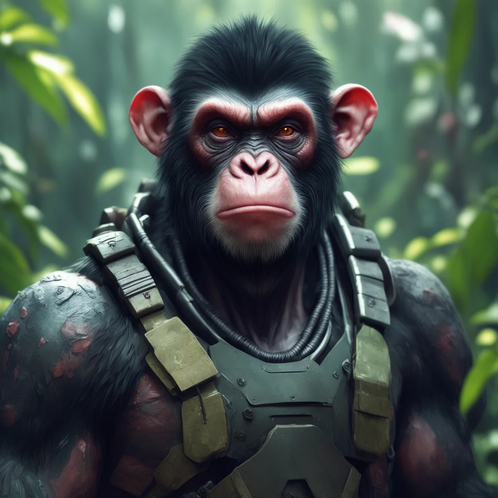 portrait of a cyberpunk chimpanzee warrior in the jungle realistic lighting style of Krenz Cushart Ashley Wood and Charl