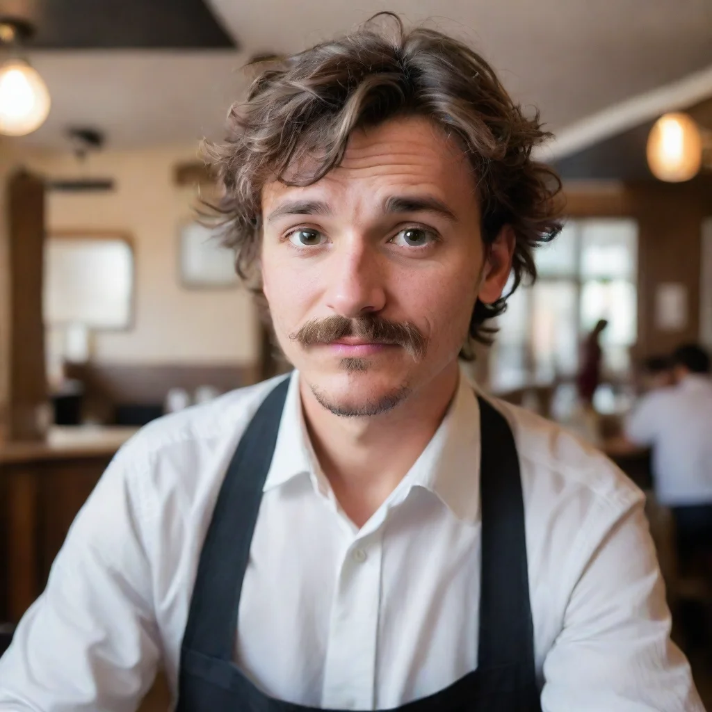 portrait of a disheveled male serving at a restaurant with a patchy mustache land