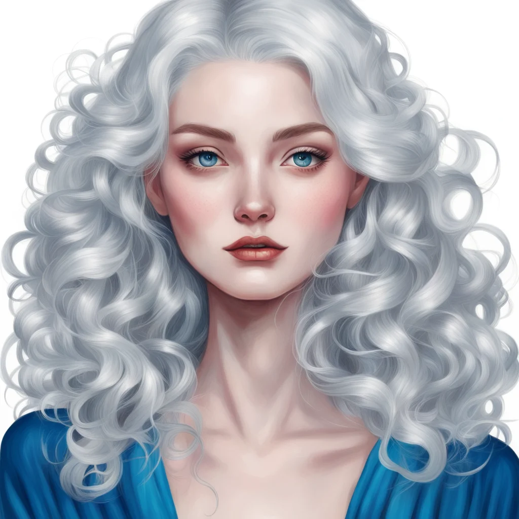 portrait of a handsom woman with wavy white hair parted on the side blue eyes cheek by harumi hironaka and charlie bowat
