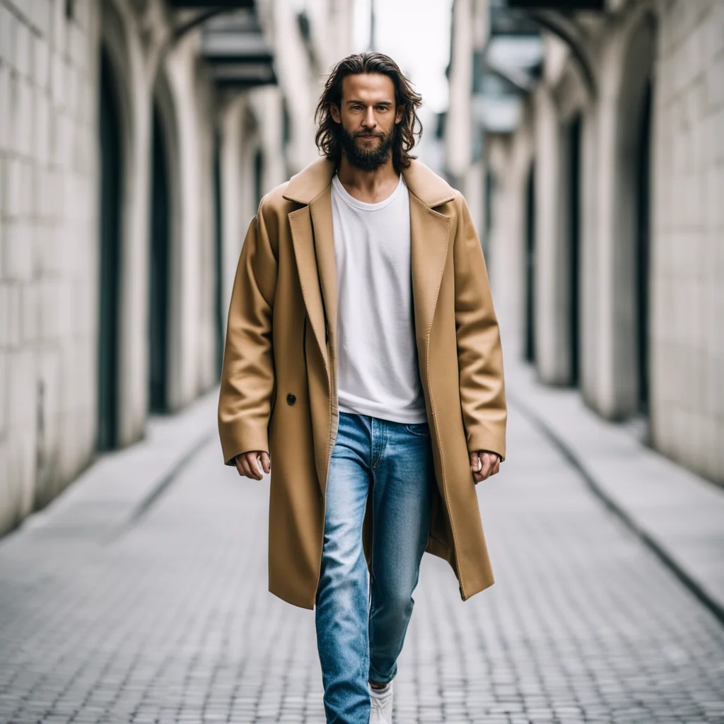 portrait of a man like jesus wear fashionable streetwear and coat walking like a fashion model cool smile full body shot