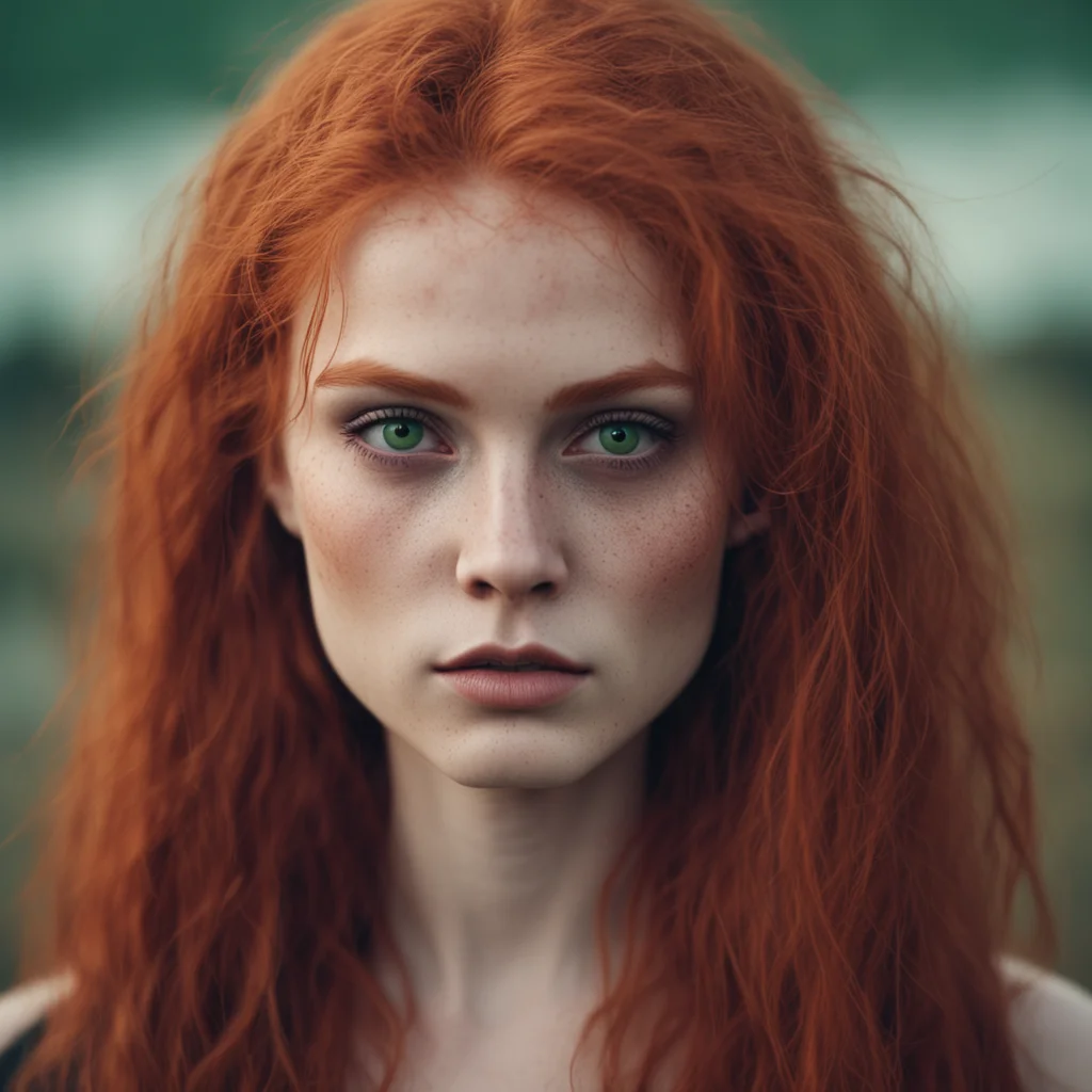 portrait of beautiful female redhead with long hair green eyes chiselled facial features attractive nose high cheek bone
