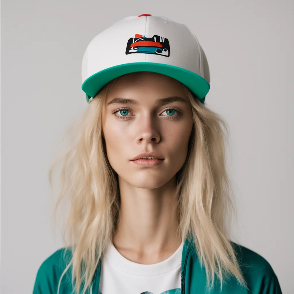 portrait of blonde surf girl wearing baseball hat style of basquiat