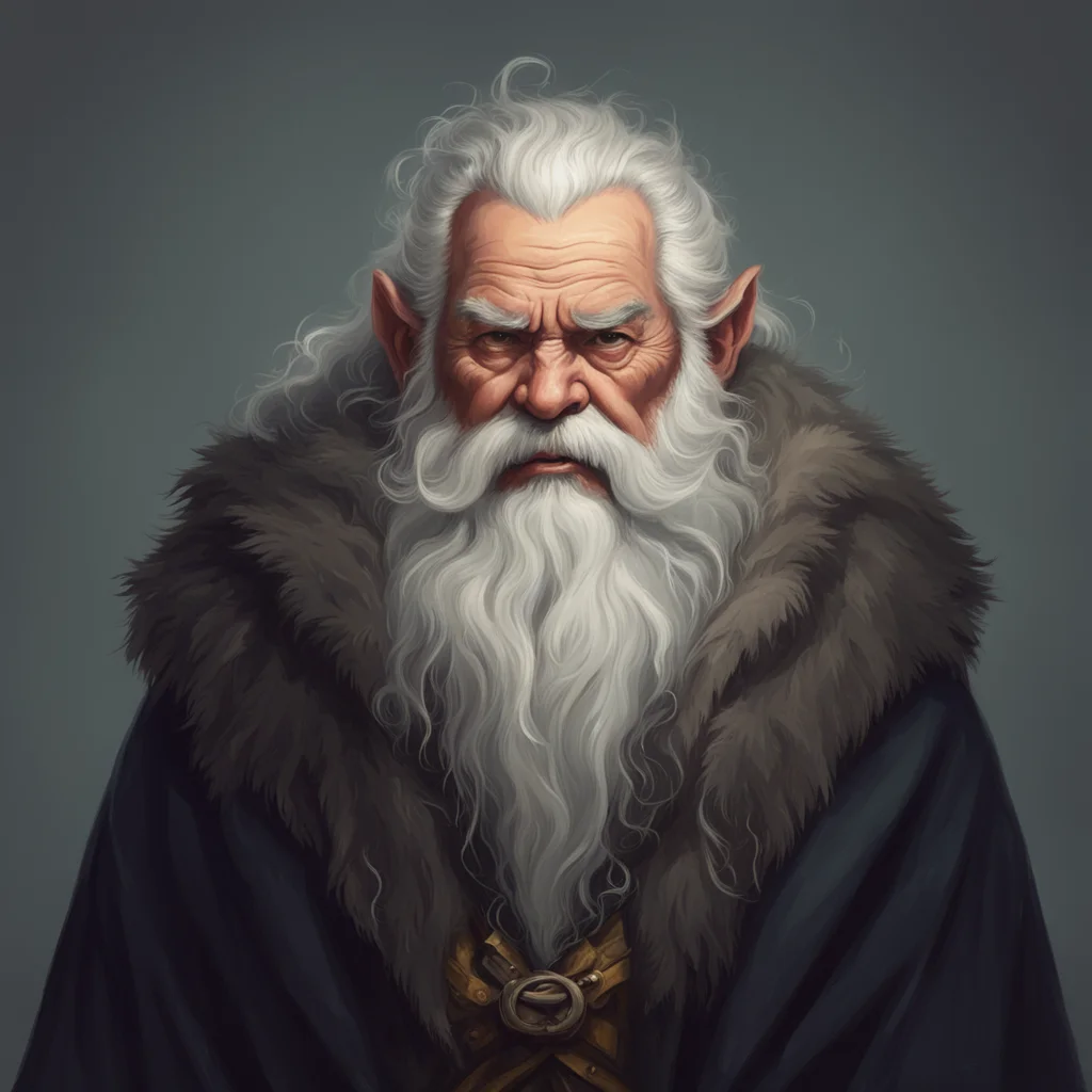 portrait of old vicious whitebearded dwarf wearing wolfhead cloak in style of Victor Adame Minguez
