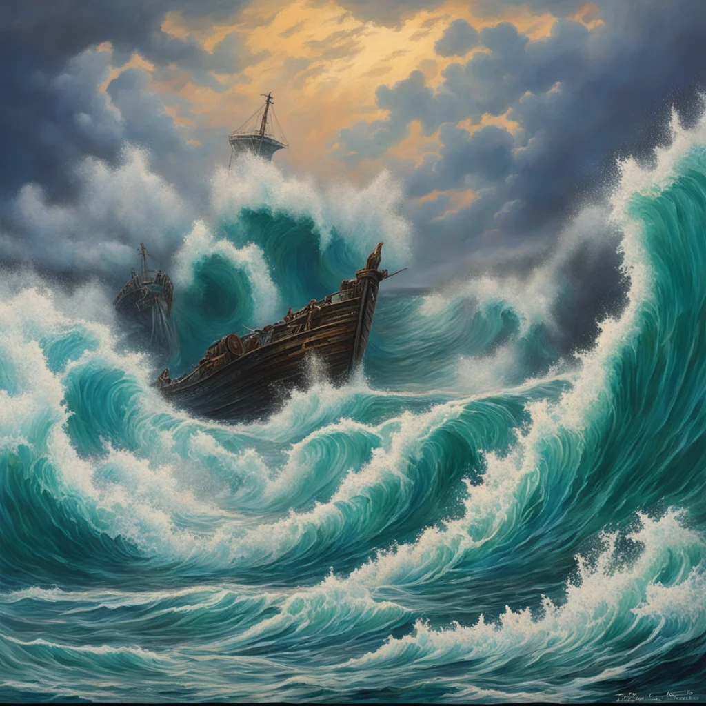 poseidons wrath tidal wave broken ships painting highly detailed