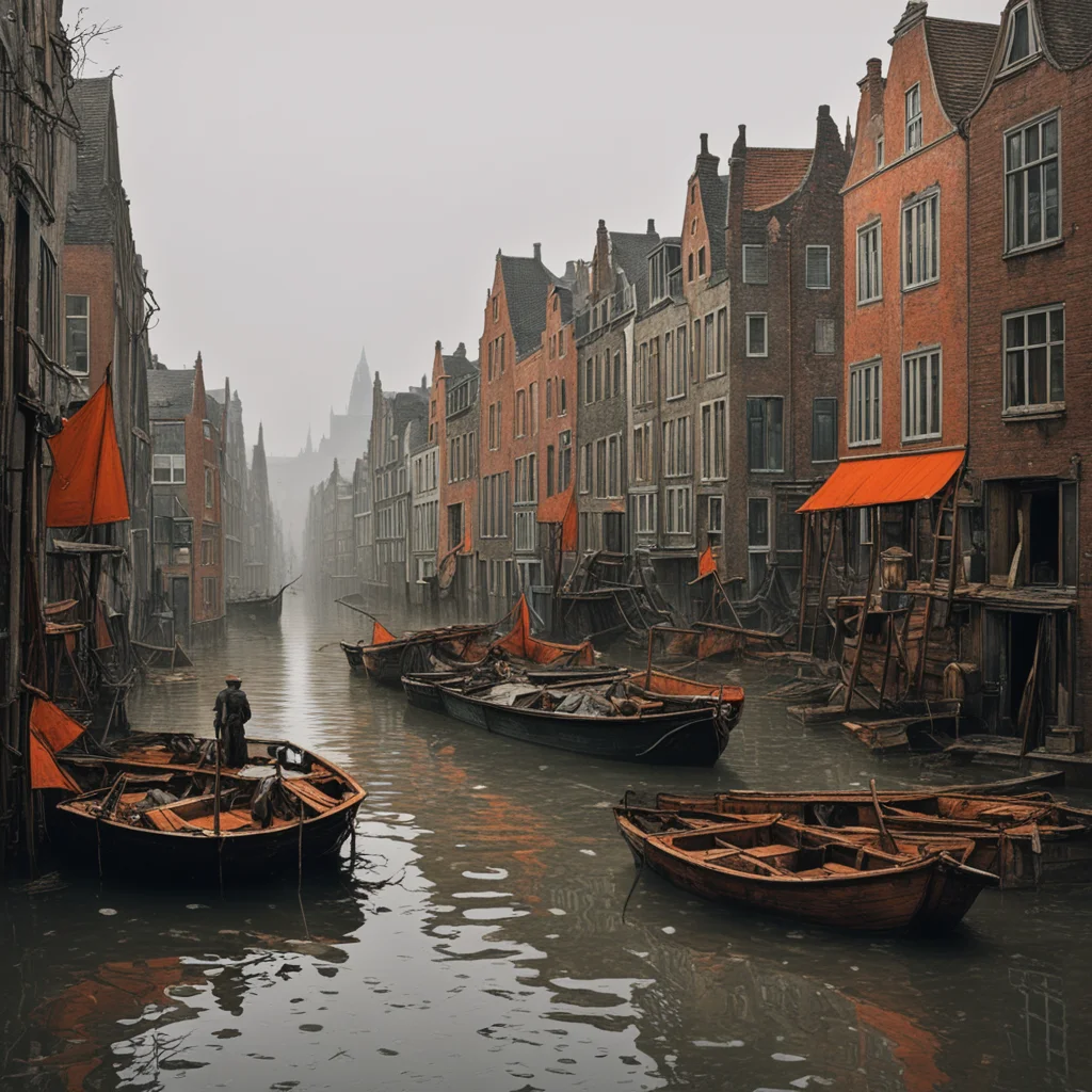 post apocalyptic flooded amsterdam muted colors dramatic chaos crumblinc rain haze humid broken boats orange accents by 