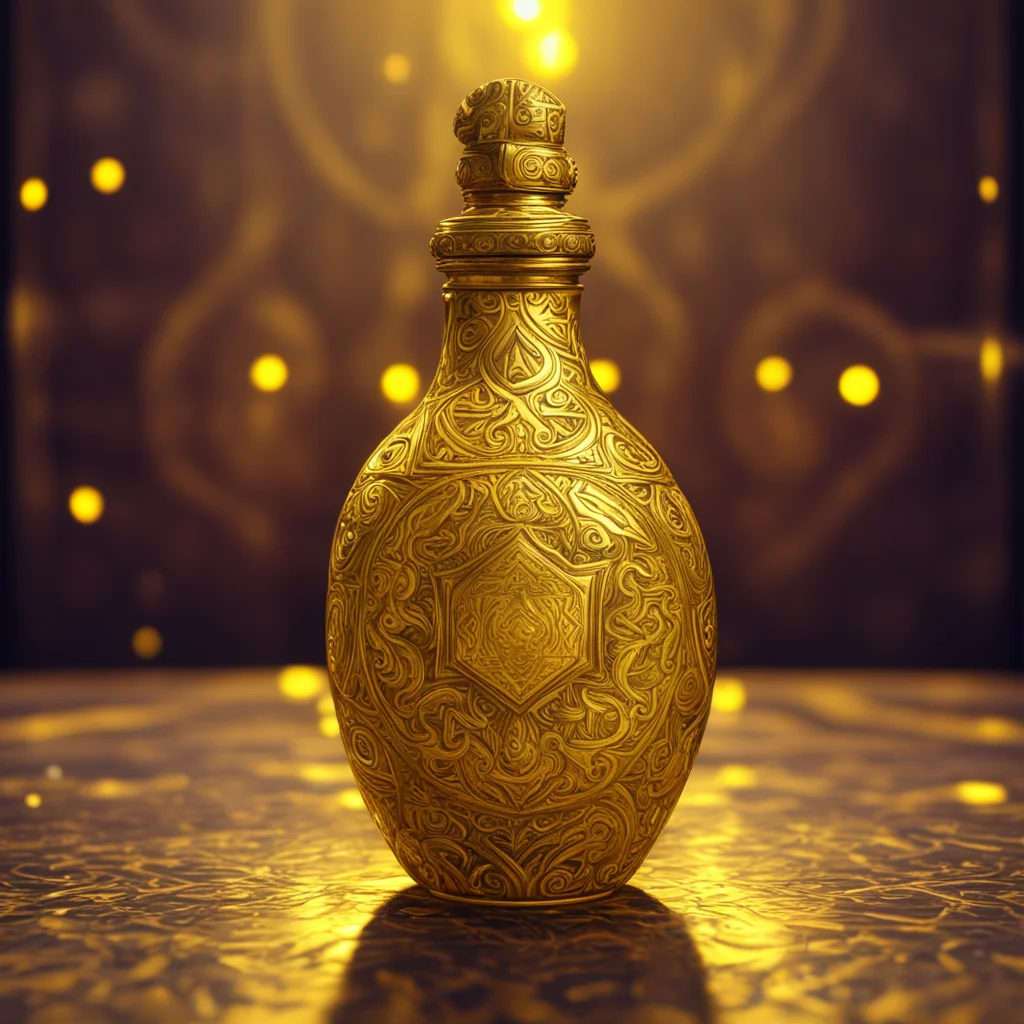 potion bottle with gold ornaments and aztec patterns filled with yellow liquid 8k octane render hyper detailed photoreal