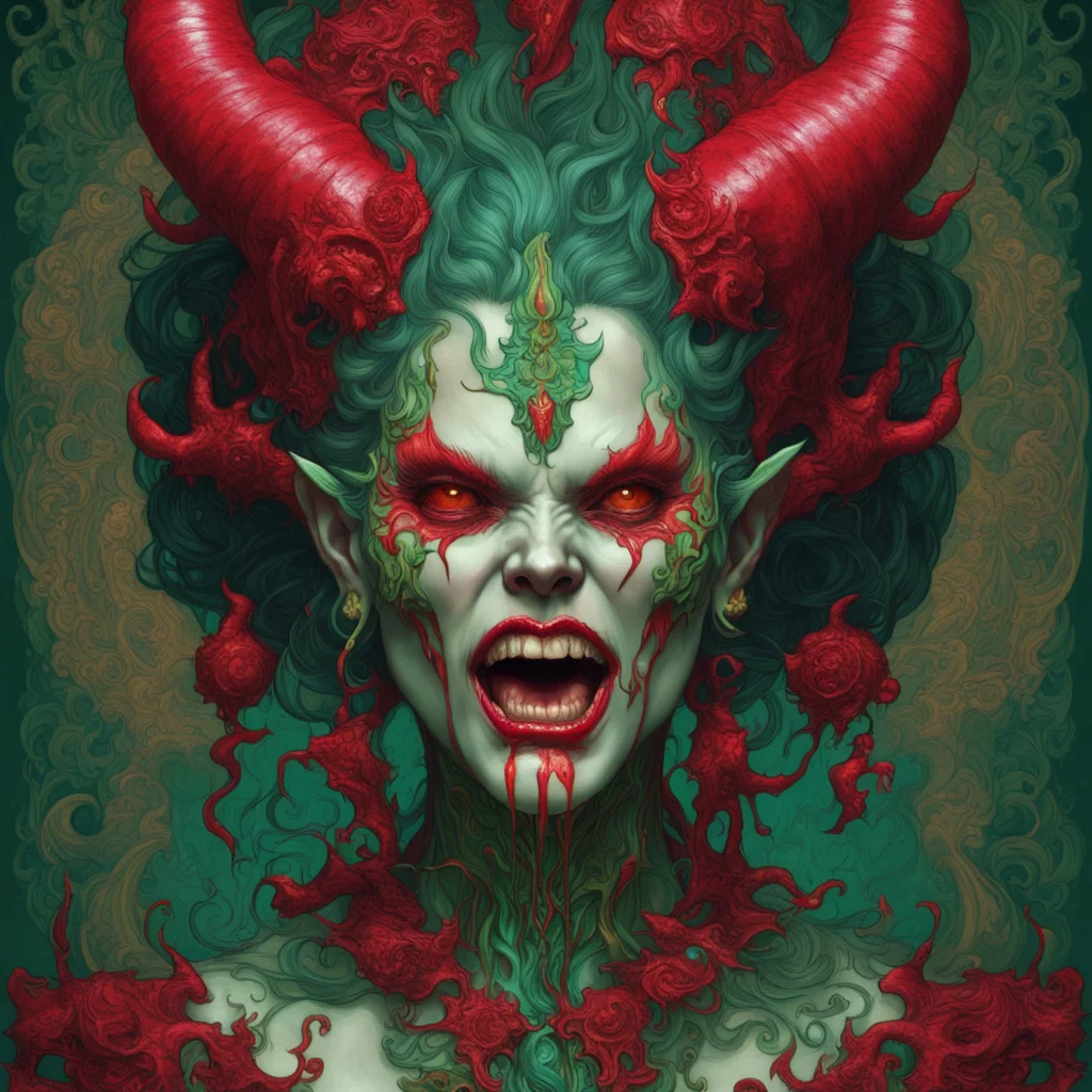 powerful devil character face with long needle like teeth screaming and drooling red water greg rutkowski tarot card art