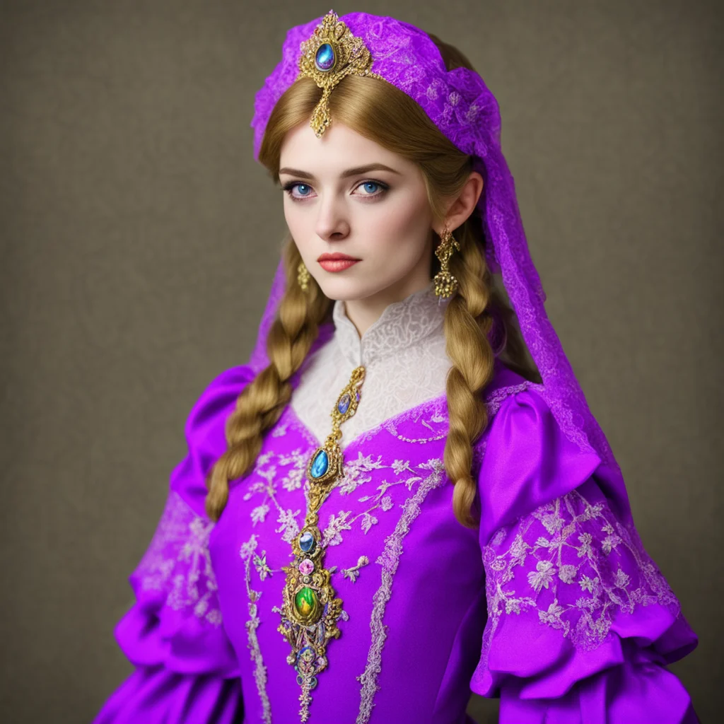 princess zelda in purple Victorian dress photo realistic embroidery lace
