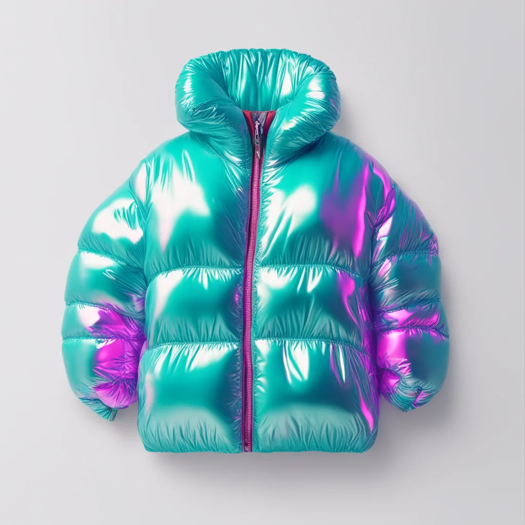 product render of a puffer jacket made from iridescent mylar floating in white space  photorealistic  redshift by maxon 