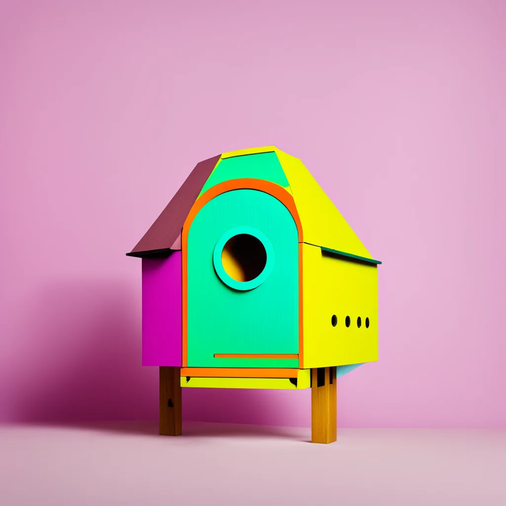 product shot Yinka Ilori designed birdhouse industrial design pops of color shallow depth of field interior studio