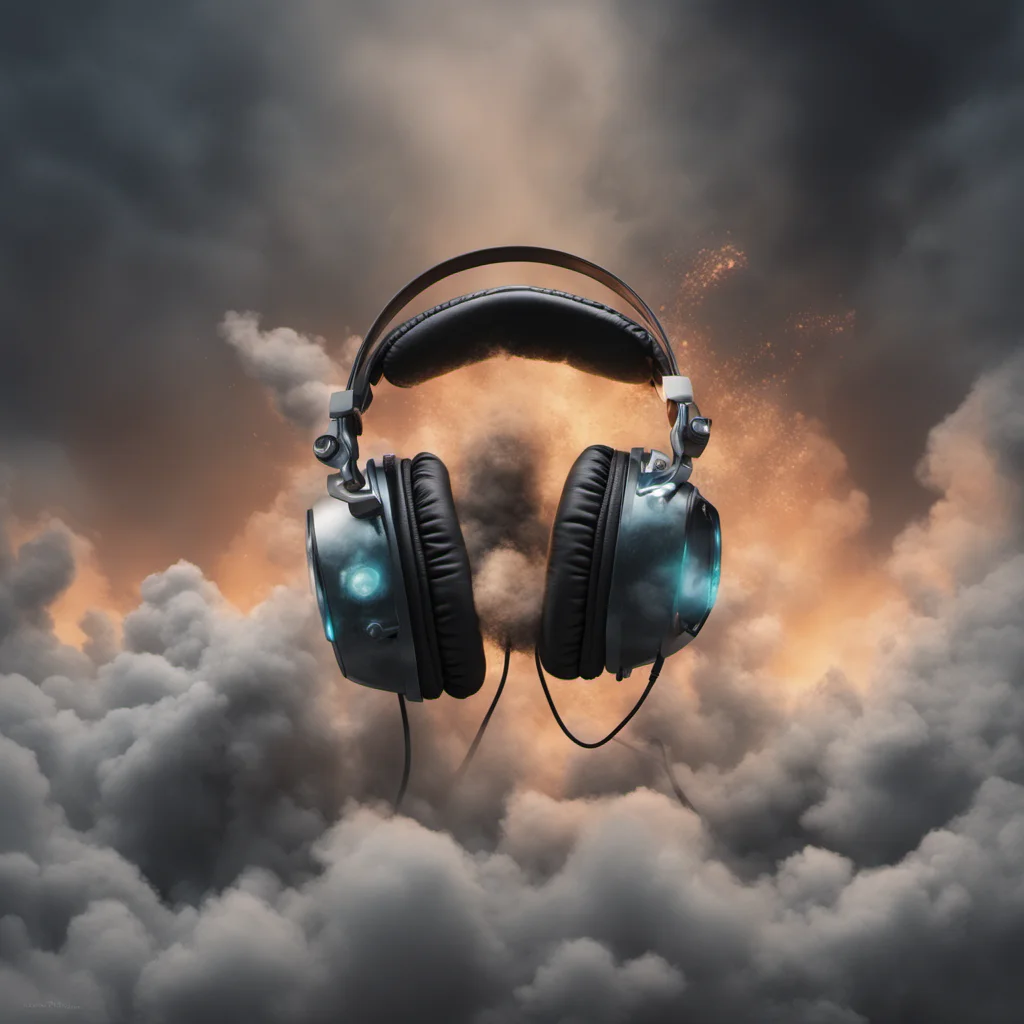 product shot floating headphones exploding portrait surrounded by billlowing clouds of voluminous gas glow eyes Post apocalyptic cyberpunk cinematic ligh