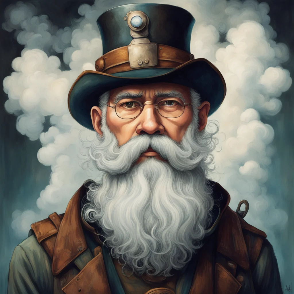 professor explorer archaeologist with white large beard and moustache wearing and explorer hatvery detailed cyberpunk steam diesel punk retro cover 90s by 