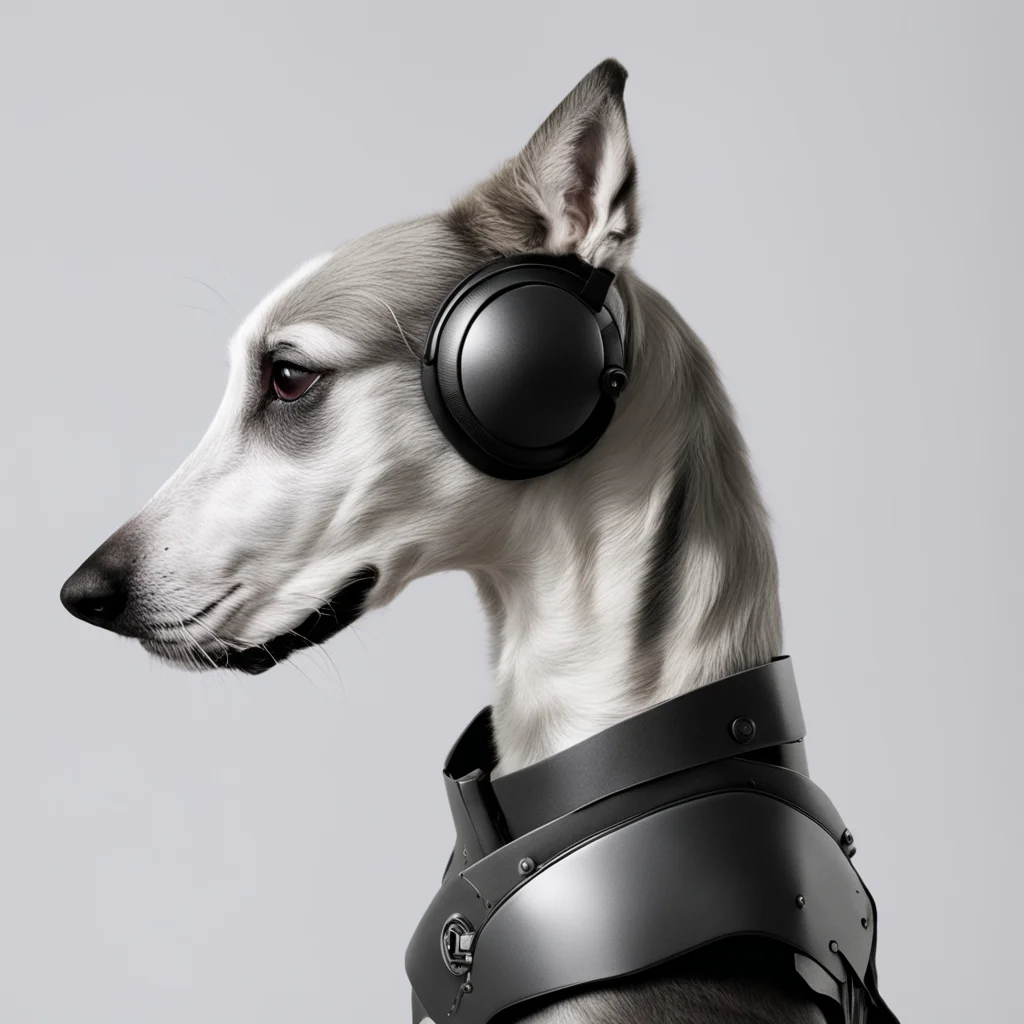 profile of whippet wearing a gaming headset and armour detailed hair