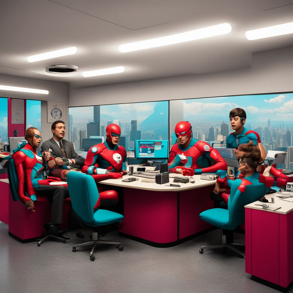project cybersin office command room super heroes celebration cheerful conflict detailed faces 70s aesthetics chile pano