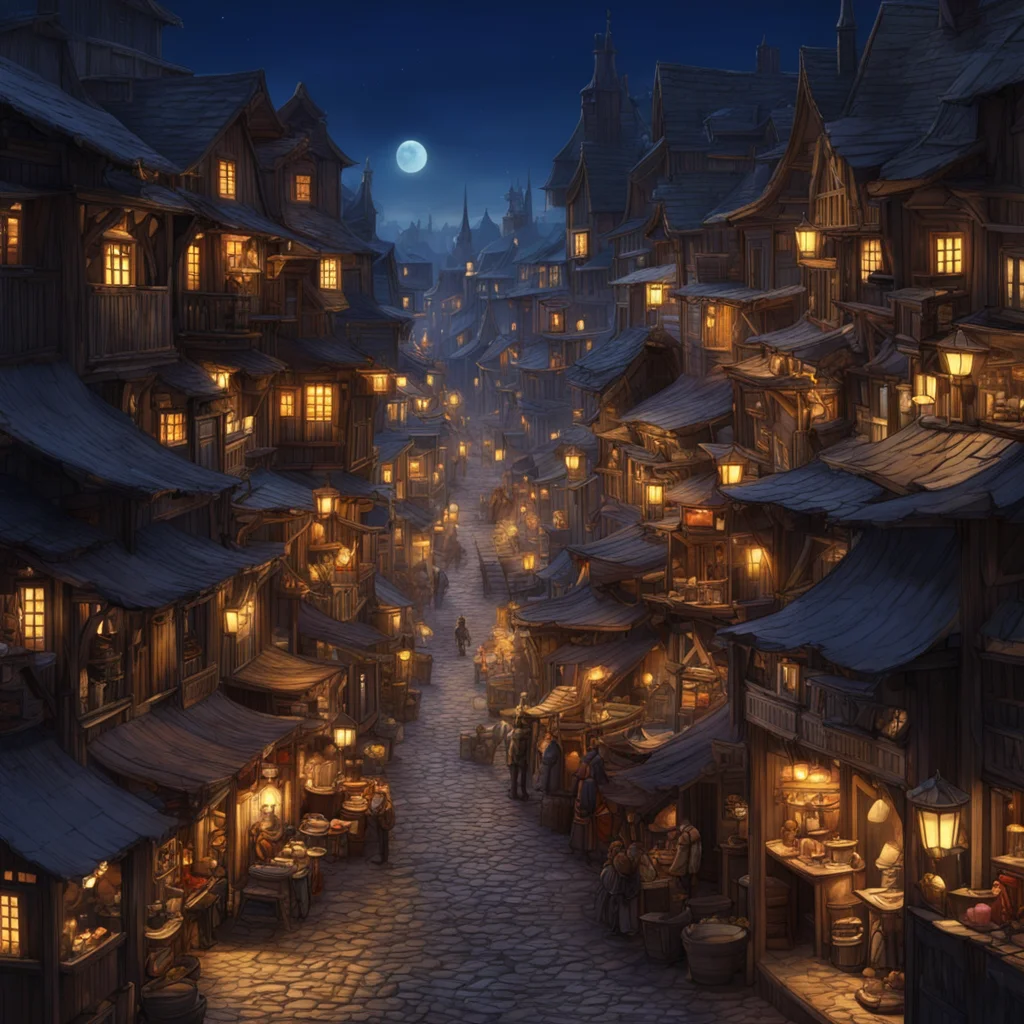 promptdetailed view overlooking western town main street at night marketplace stalls vendors Karine Villette Concept art