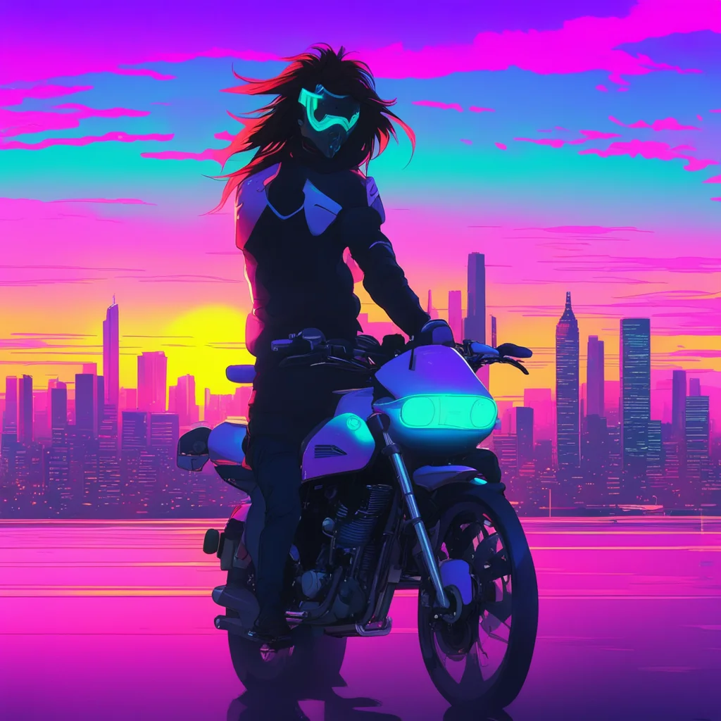 protagonist with masked face and long hair riding futiristic motorcycle into the sunset los angeles skyline neoy2k vapor