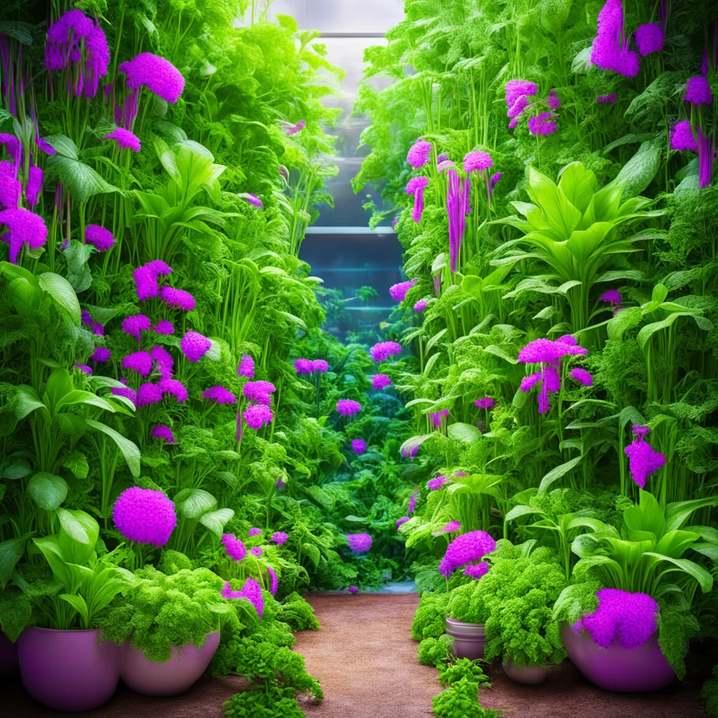 psychadelic survival garden herbacous plants nutritious vegetables hyperrealistic vertical hydroponic system