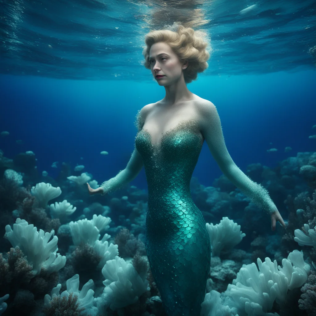 queen elisabeth as mermaid aquarium titanic iceberg octane render hyper realistic depth of field cinematic action underw