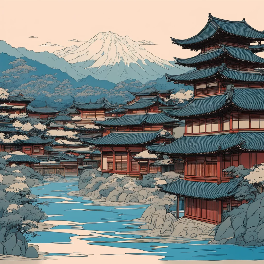 quiet japanese town in the style of Hokusai