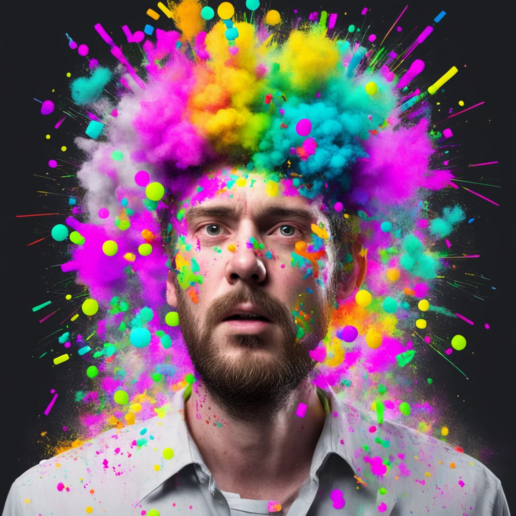 ragged man with white sideburns head exploding and colourful numbers and figures and equations exploding out of it