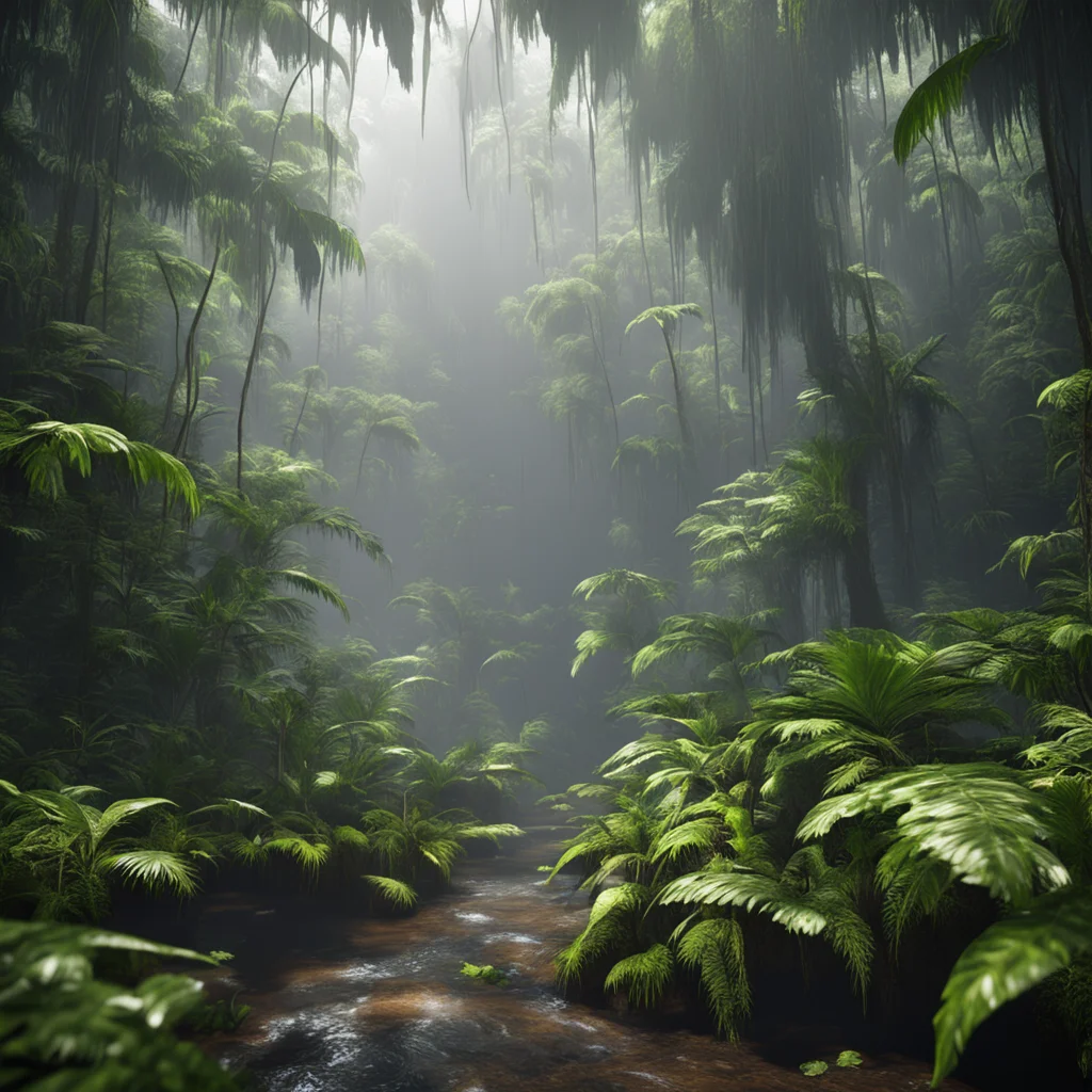 rain forest with godrays unreal engine 5 hyper realistic lighting beautiful mystical detailed humidity