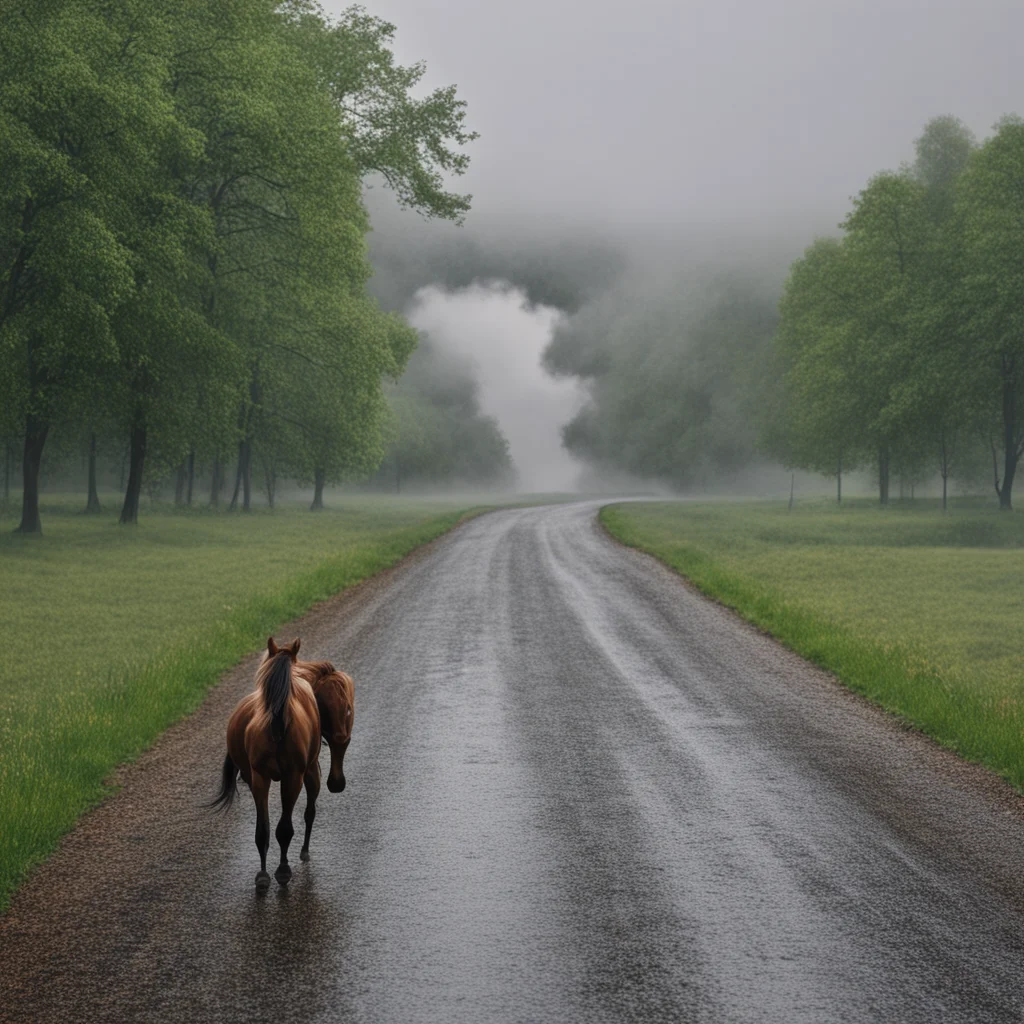rain streams of water road horses apples smoke photo realistic ar 169