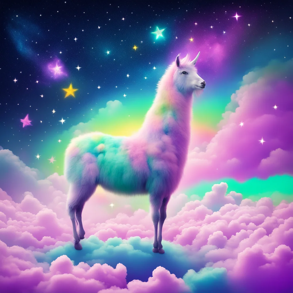 rainbow in sky connected by two clouds surreal llama unicorn creature standing stars fill night sky cotton candy colored