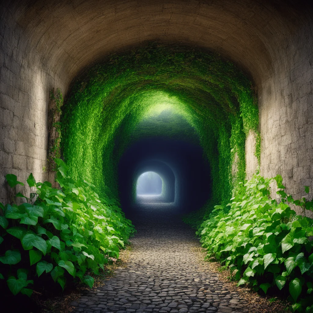 rainbow light tunnel with ivy vines ethereal creature cobblestone walls atmospheric dreamy realistic full frame 35mm fil