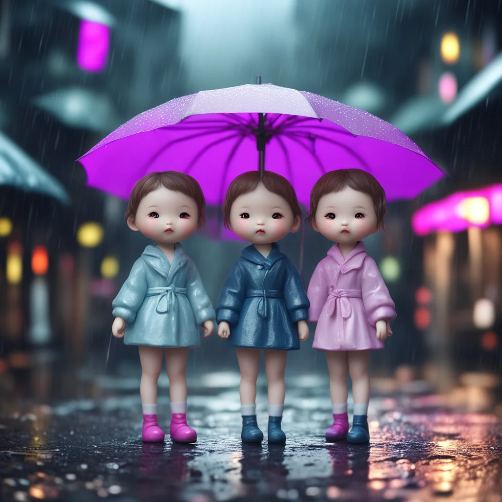 rainy cloudy day Seoul kawaii porcelain dolls realistic holding umbrellas cinematic real detailed 3d octane render uplig