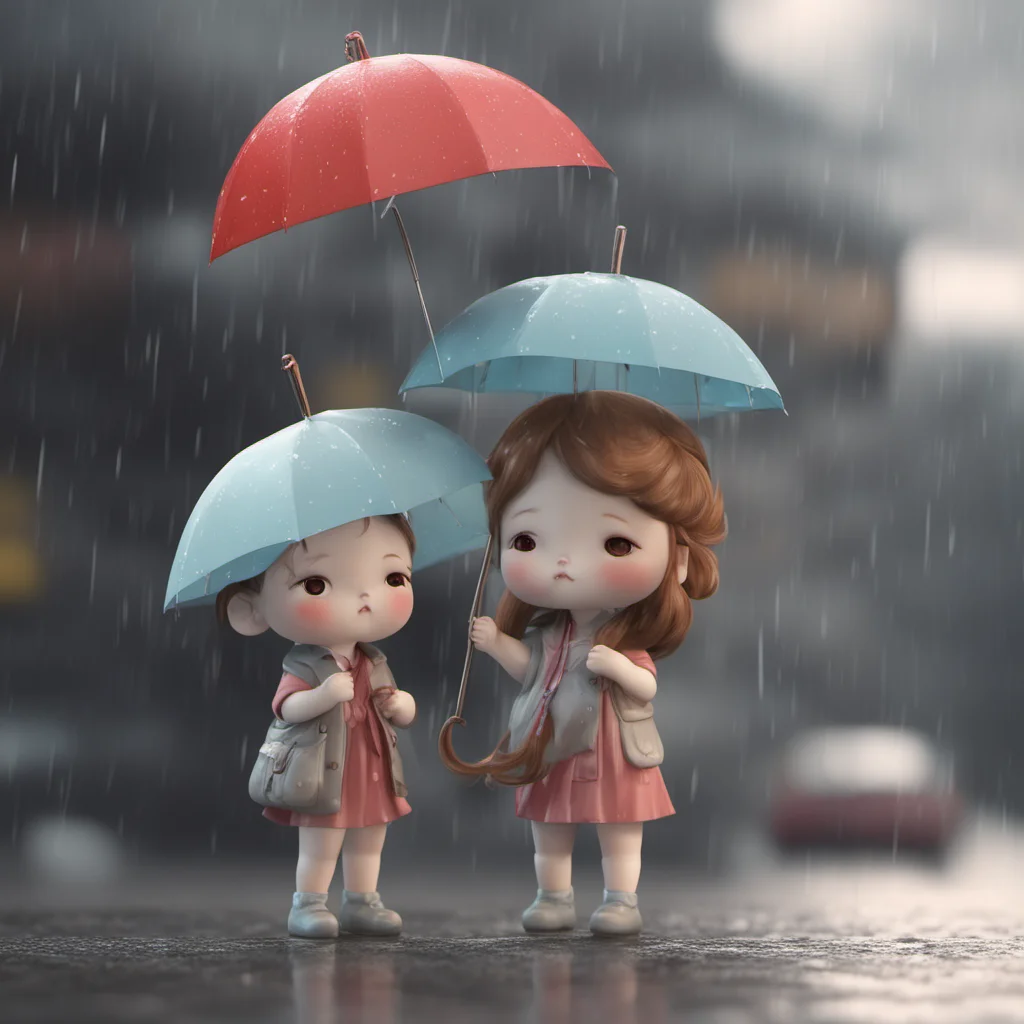 rainy cloudy day Seoul kawaii porcelain dolls realistic holding umbrellas cinematic real detailed 3d octane render