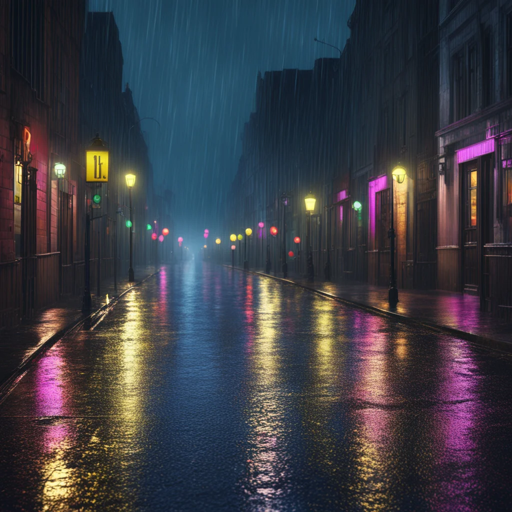 rainy night British street lonely pedestrian colorful street lights matte painting 4K unreal engine 4K octane render w 1