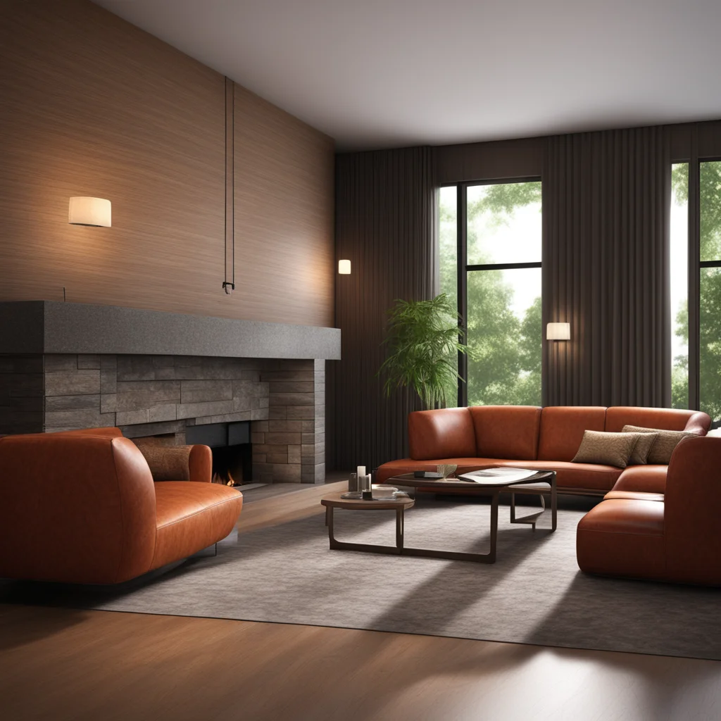 range house living room fireplace wooden sofa  brilliant colors and realistic texture  extreme detail  ar 23 uplight