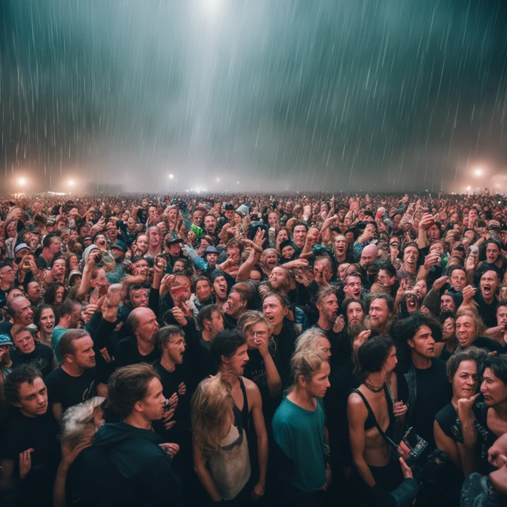 rave illegal party outdoor tired faces ultrawide shot wide angle cinematic crowd moshpit ketamine hyperrealism rain beau