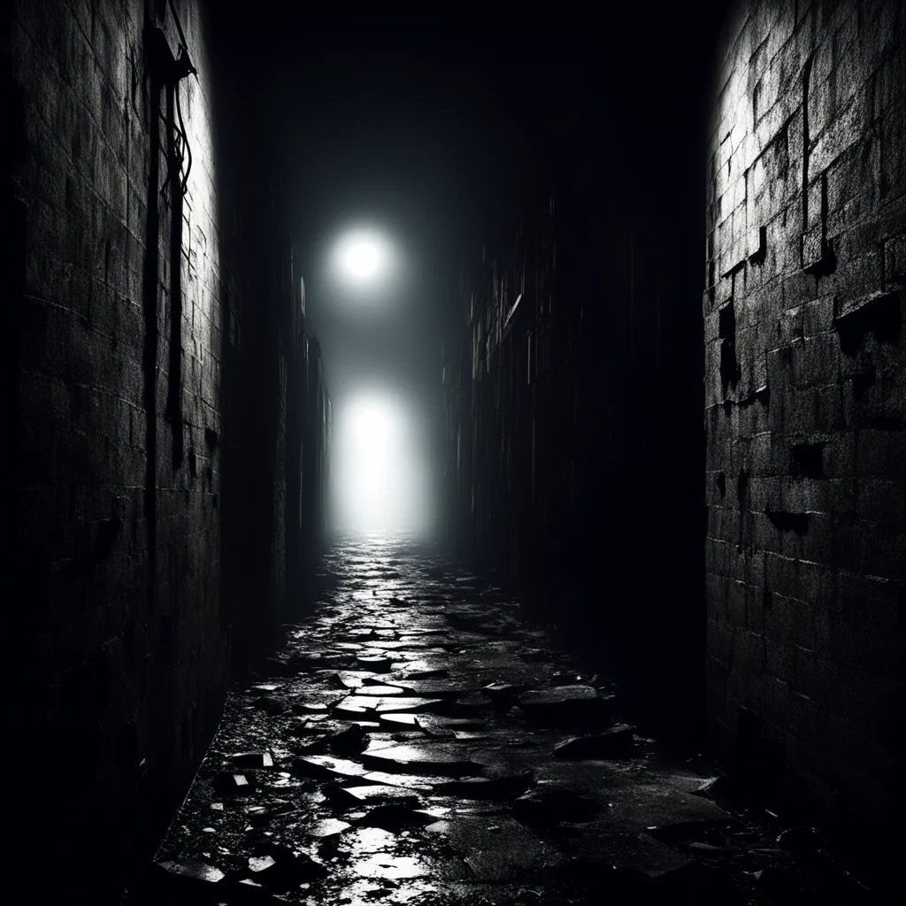 realistic dark alley silhouette of large ominous demonic presence at end of alley terror fear decaying walls minimal tra