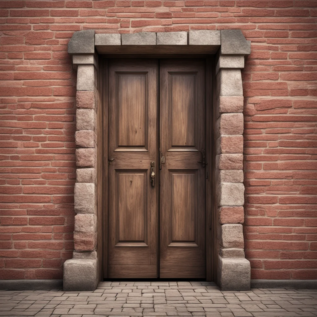 realistic photo of a medieval wooden door surrounded by old brick photorealistic photograph