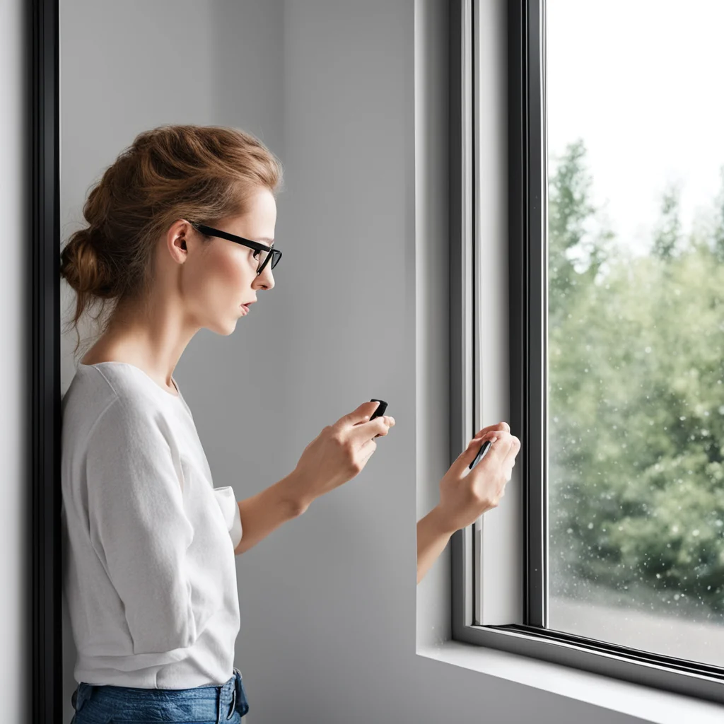 realistic picture of a woman cleaning her window with an iPhone  camera outside the window