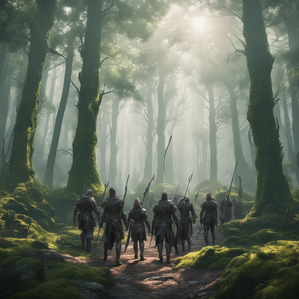 realistic rendition of a cyberpunk middle earth fantastical forest Rohan warriors epic wide framing sunny photorealistic detail octane render trending ar