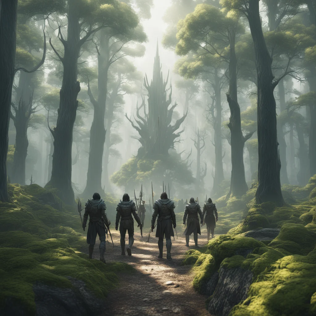 realistic rendition of a cyberpunk middle earth fantastical forest Rohan warriors epic wide framing sunny photorealistic