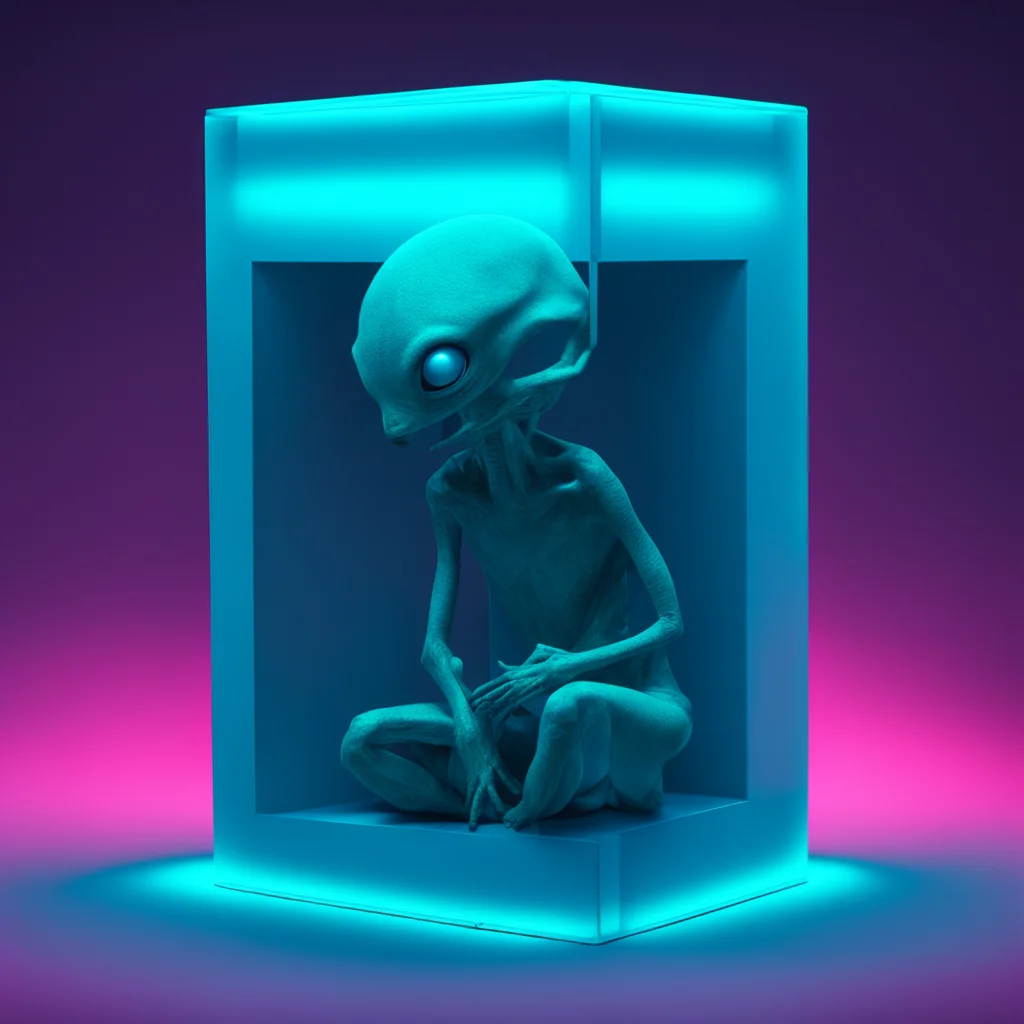realistic tiny alien friend hiding in a glow blue box in the style of moebius