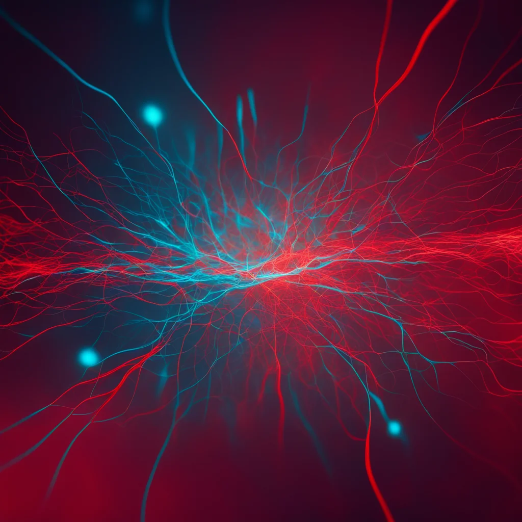 red background hints of blue huge space and depth vast neuron connection network dreamy environment dark soft lighting a