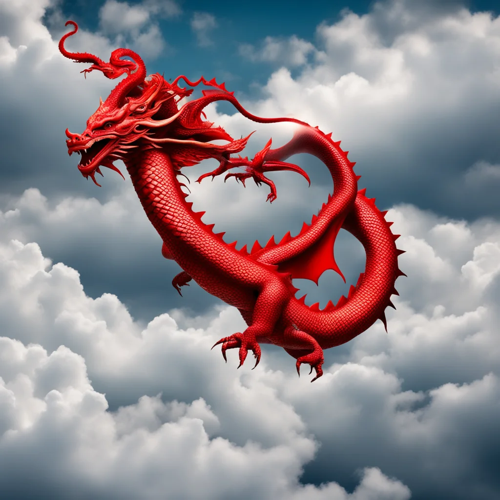 red chinese oriental dragon flying through clouds