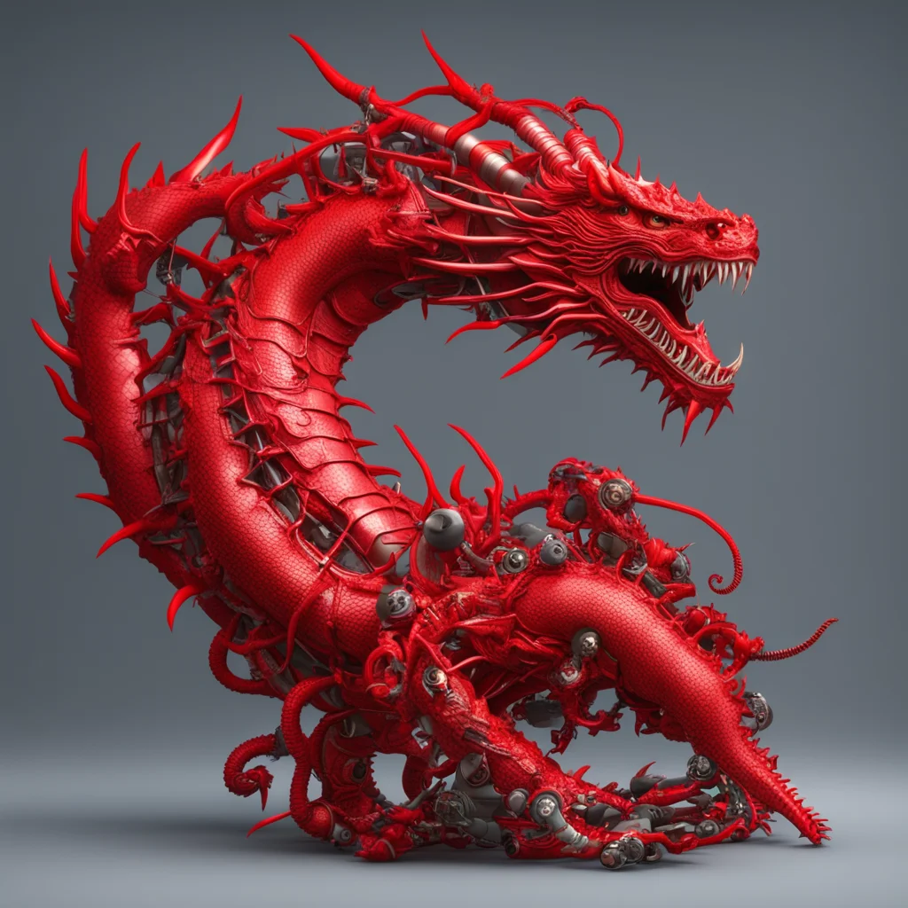 red mechanical chinese dragon hyper realistic with lots of tubes and cables octane render