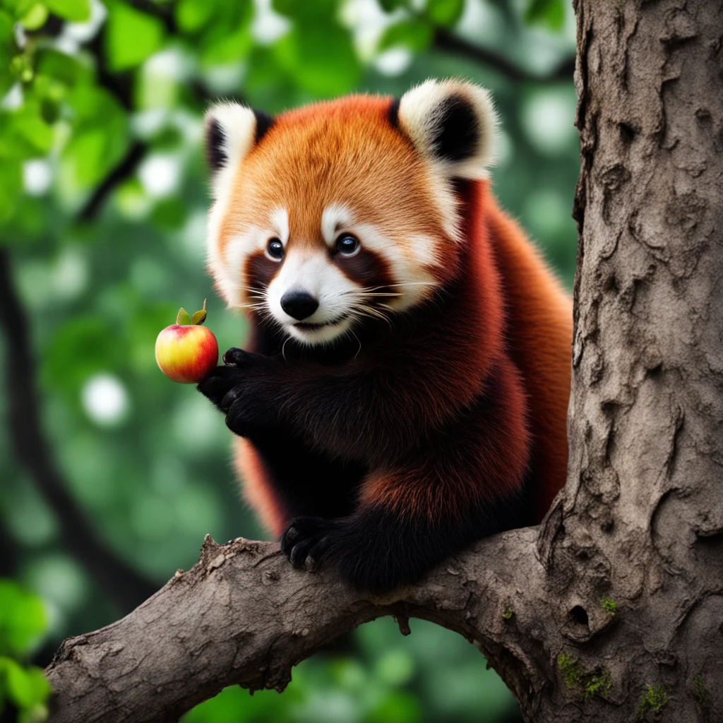red panda on a tree eating an apple uplight