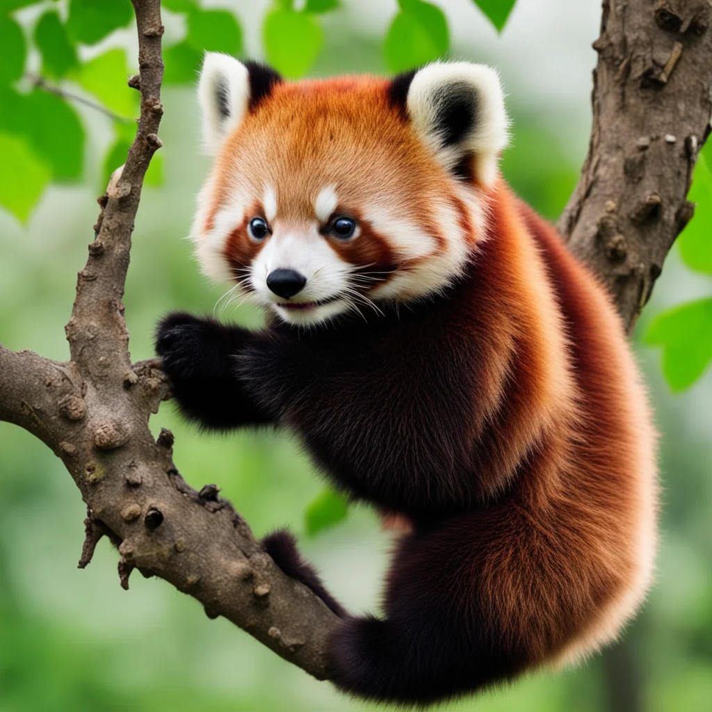 red panda on a tree eating an apple