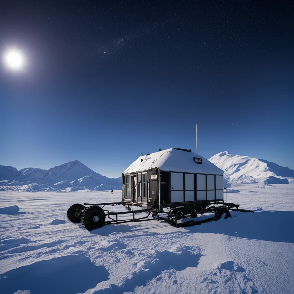 remote science station with satellite link sitting on caterpilar tracks in the antarctic in bright moonlight ar 104