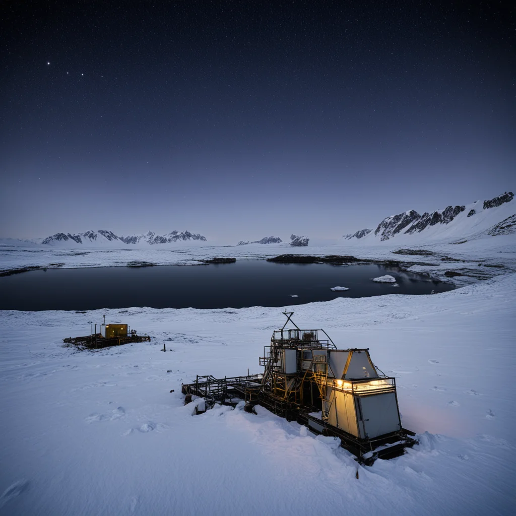 remote science station with satellite link sitting on caterpilar tracks in the antarctic in bright moonlight wide angle 