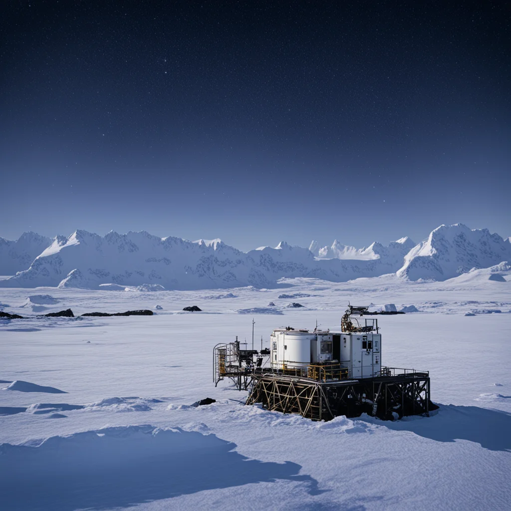 remote science station with satellite link sitting on caterpilar tracks in the antarctic in bright moonlight